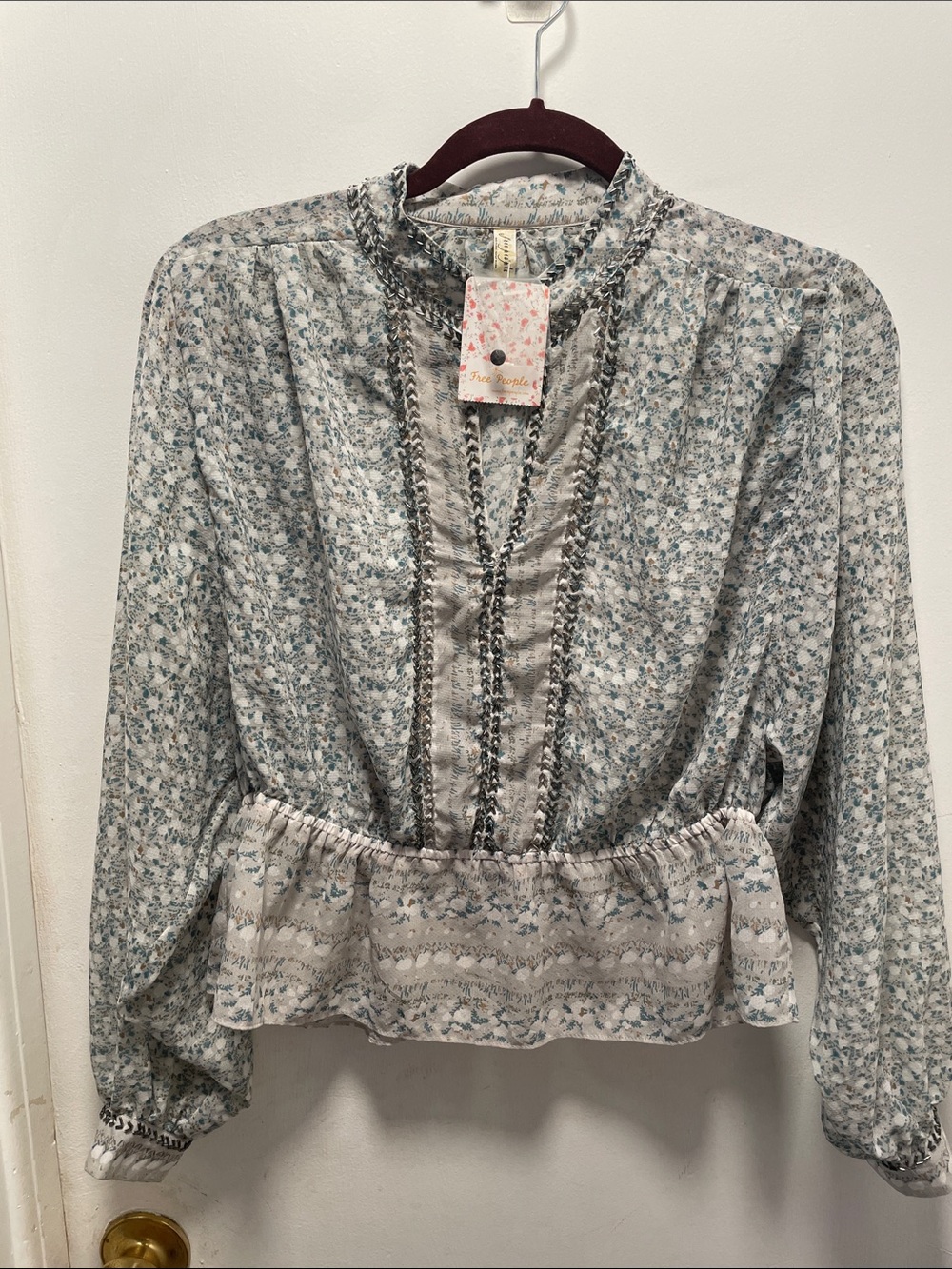 Free People Pale Blue Floral Peplum Long-Sleeve Blouse